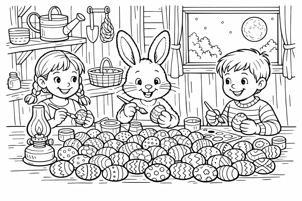 Kostenloses Ausmalbild für Kinder: Der Osterhase Hase Hoppel bemalt nachts zusammen mit den Kindern Mia und Paul hunderte von Ostereiern in einem gemütlichen Gartenhaus. Eine Öllampe leuchtet auf dem Tisch voller gemusterter Eier.